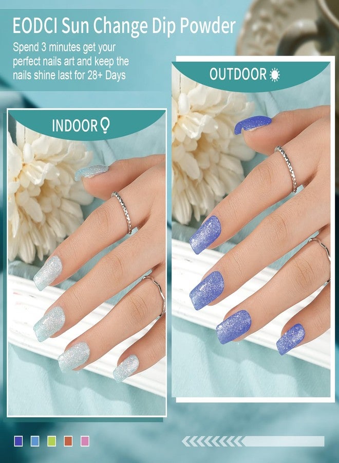 EODCI Color Changing Glitter Nail Dip Powder,1 Oz Light Blue to Dark Blue Sun & U V Light Changing Color for Dip Nail Art French Manicure Nail Starter & Home DIY Salon Use No Needed Lamp Curing - Image 4